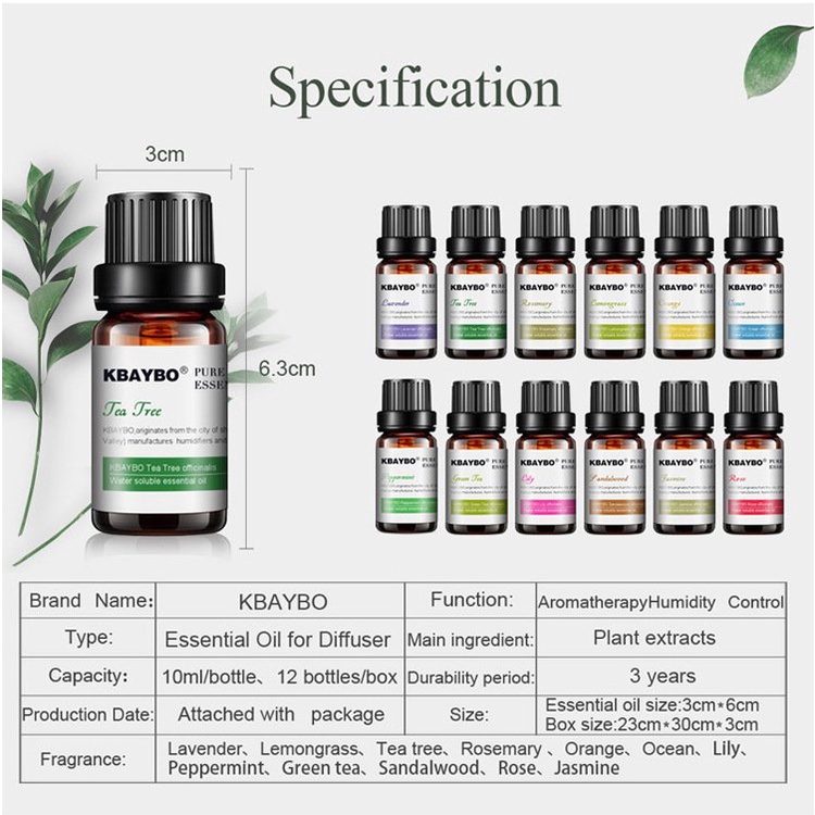 Tinh Dầu Thơm Phòng, Xe Hơi KBAYBO - Essential Oils - Dung tích 10ml Dùng cho máy Khuếch Tán, Phun Sương