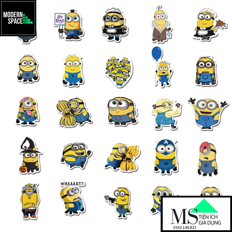 Sticker PVC Minion ST-115 - Cả bộ 50 Hình dán Stickers Chống nước Dán Mũ bảo hiểm Vali Laptop Điện thoại Dán xe