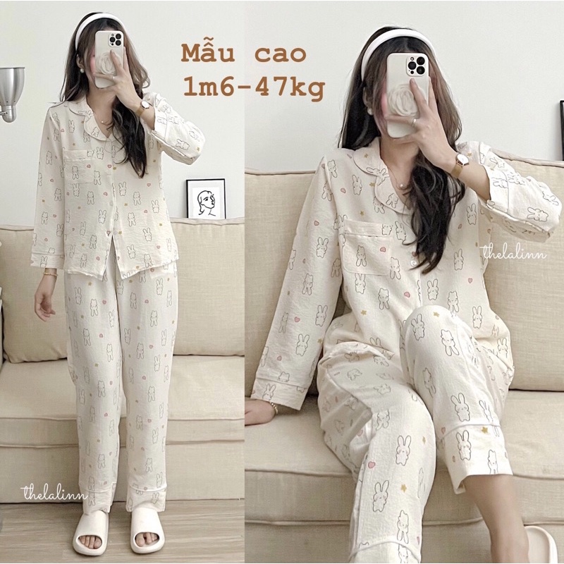 Set pijama xốp đũi Hàn dáng dài cổ bẻ hoạ tiết xinh xắn. Bộ ngủ nữ Pyjama hoạt hình dễ thương