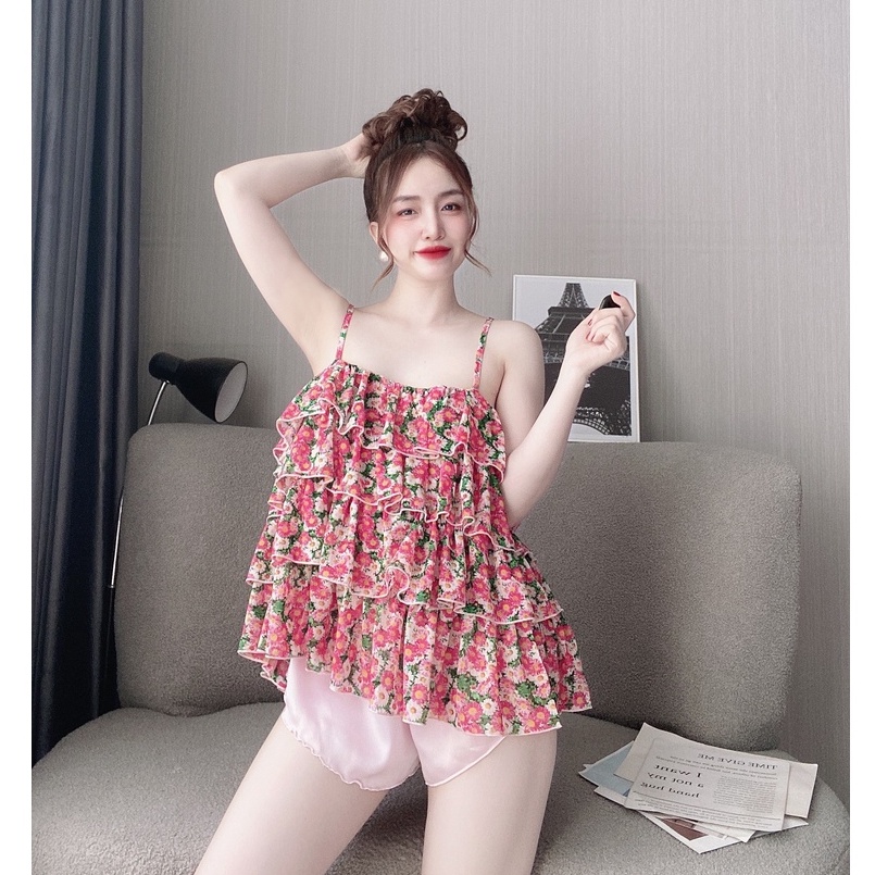 Đồ Bộ Mặc Nhà ⚡FREESHI⚡ Đồ Bộ Ngủ 2 Dây Mặc Nhà Phối Quần Đùi Satin Màu Hàng Đẹp Phong Cách Gợi Cảm, Quyến Rủ Cho Bạn Nữ | BigBuy360 - bigbuy360.vn