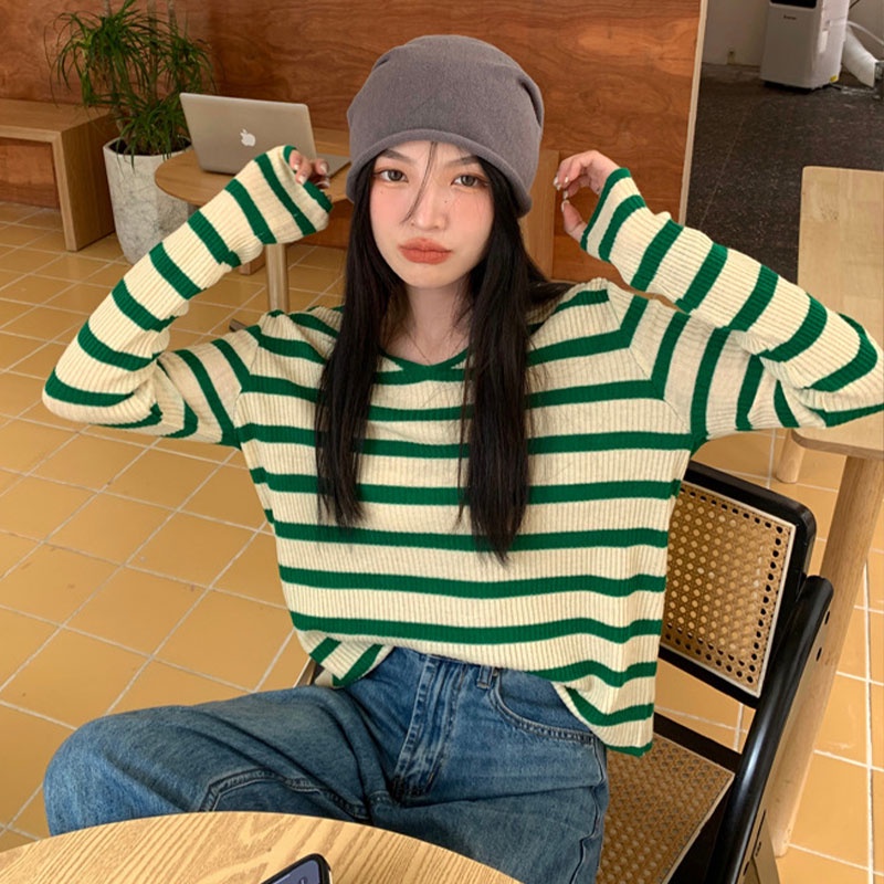 Áo sweater XINLANYASHE dệt kim tay dài kẻ sọc phong cách phương Tây thời trang hè thu 2022