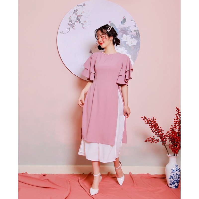 ÁO DÀI TẾT - PINK PEARL AODAI - ÁO DÀI CÁCH TÂN HỒNG PHẤN TAY LOE