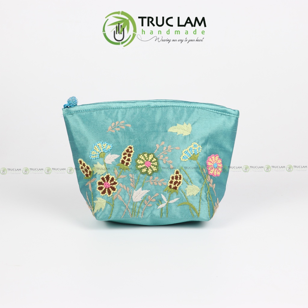 Ví Cầm Tay Nữ Vải Tafta Họa Tiết Hoa Cỏ Thêu Tay 2 Mặt - Trúc Lâm Handmade