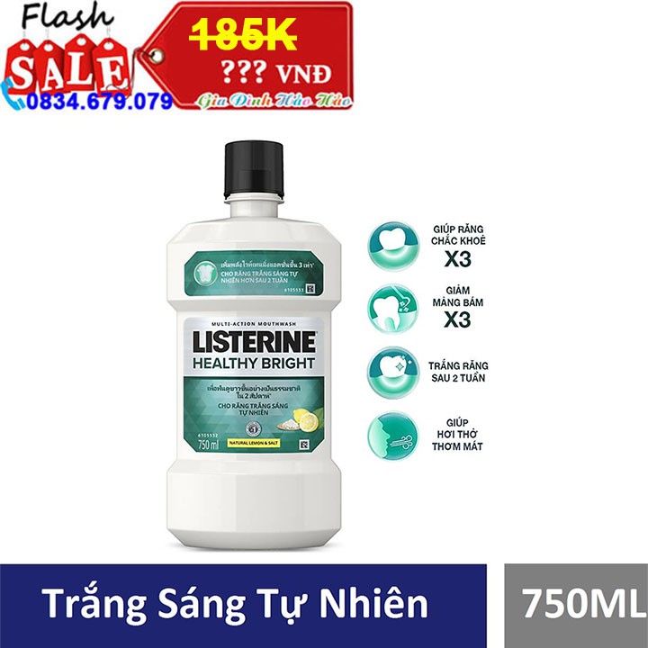 Nước súc miệng giúp răng trắng sáng tự nhiên Listerine Healthy Bright - Chai 750ml