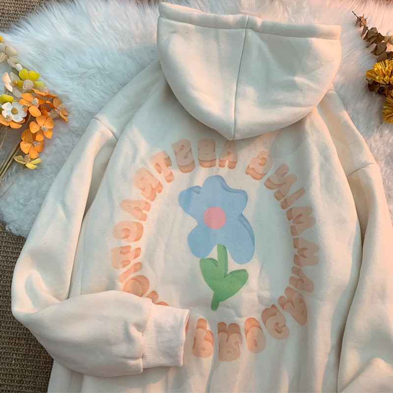 Áo Hoodie Dáng Rộng Họa Tiết Hoa Xinh Xắn Dễ Phối Đồ