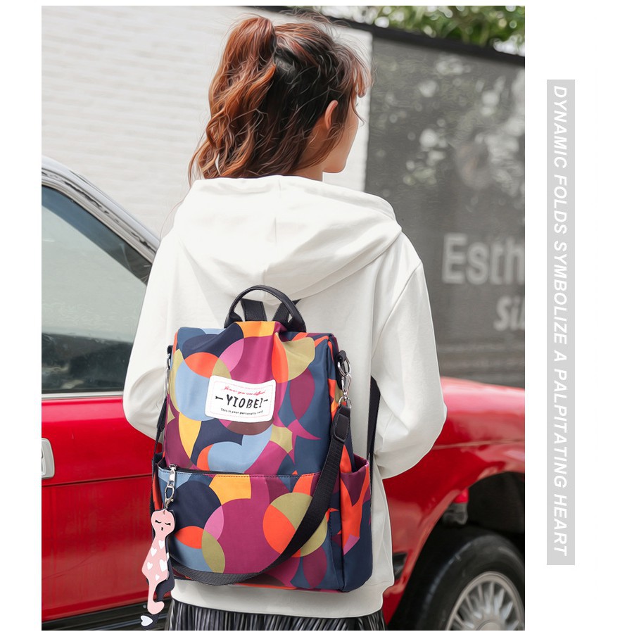 Balo dù chống nước kiêm túi xách chất dù ngũ sắc cầu vòng tặng Móc khoá mèo may mắn