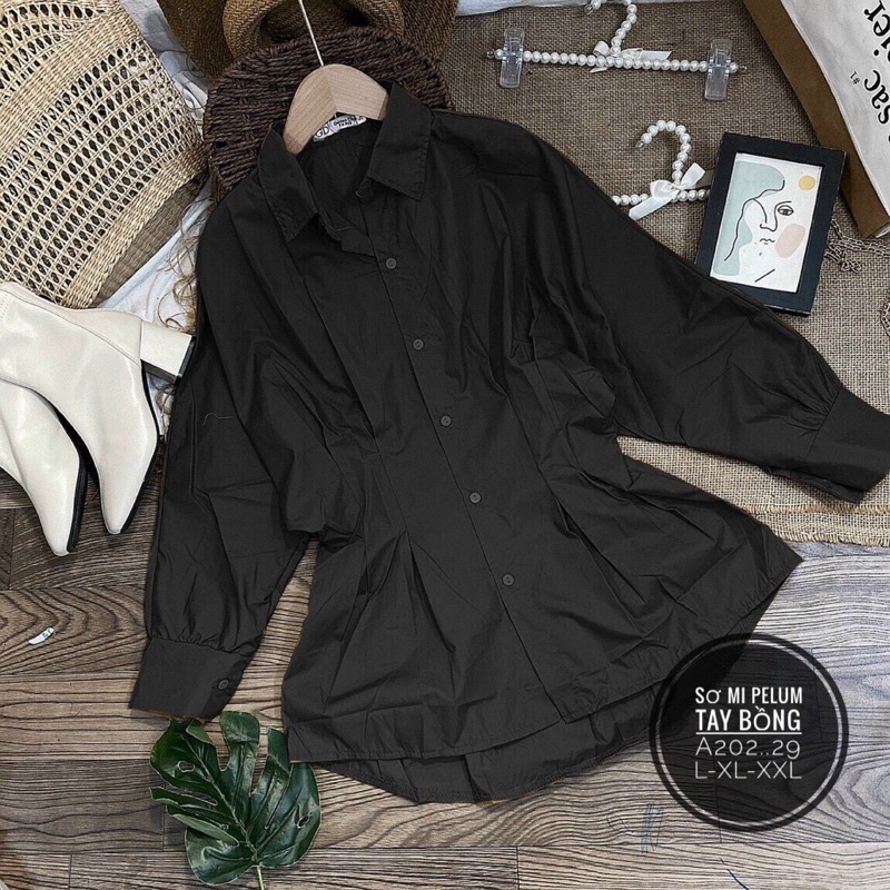 Áo sơ mi nhấn eo tay phồng nhẹ bigsize 55kg-90kg☘️☘️