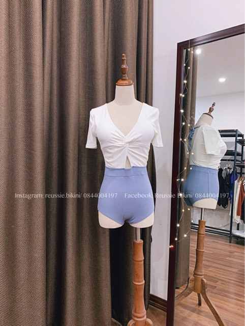 𝑹𝑬𝑼𝑺𝑺𝑰𝑬 𝑩𝑰𝑲𝑰𝑵𝑰 Đồ bơi liền một mảnh áo cộc tay/ dài tay phối xanh trắng phong cách Hàn Quốc #rsbkn104