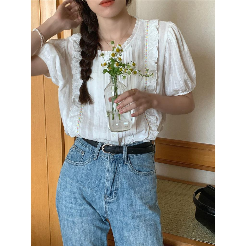 Áo Sơ Mi Nữ Tay Ngắn Thêu Ren Phong Cách Hàn Quốc Thời Trang Mới 52111