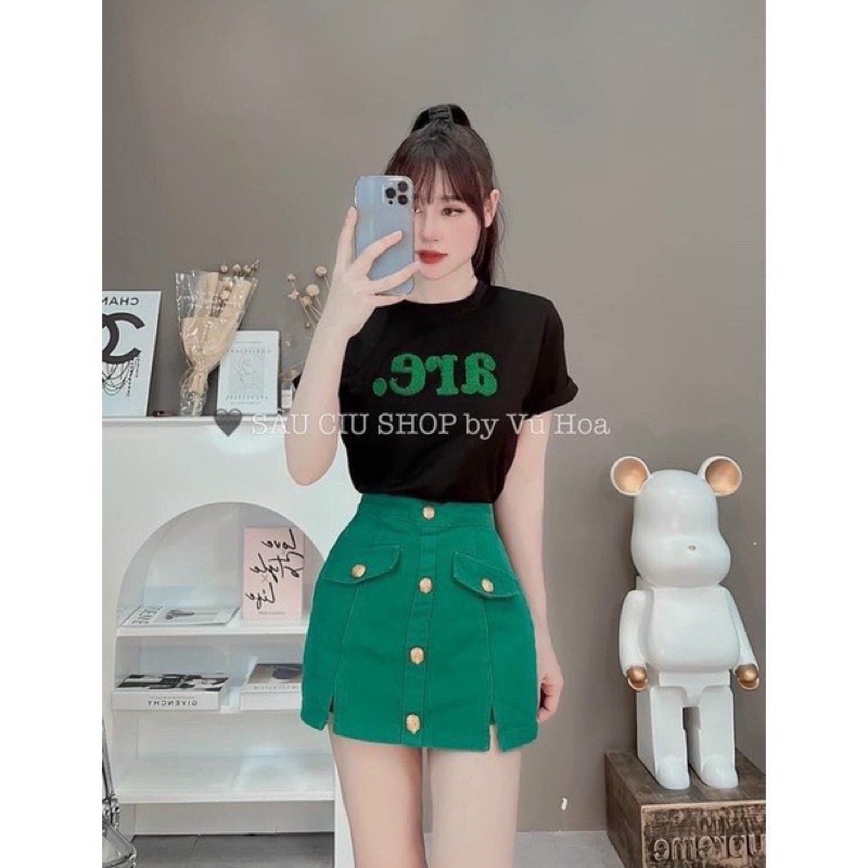 SET ÁO CHỮ ARE MIX CHÂN VÁY XANH CÚC ĐỒNG 2 MÀU