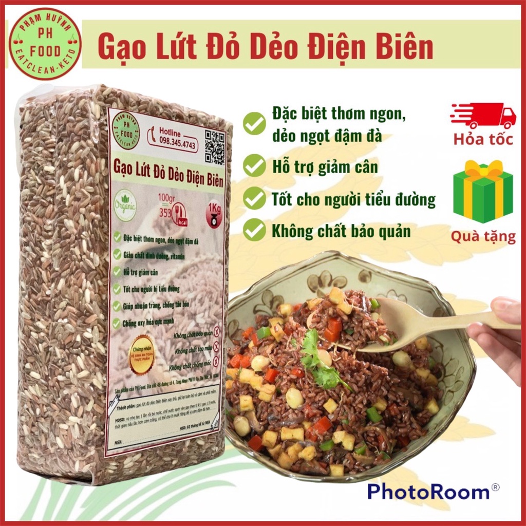 Gạo lứt đỏ dẻo Điện Biên túi 1kg, gạo lức đỏ nguyên cám, dẻo thơm dễ nấu, eat clean