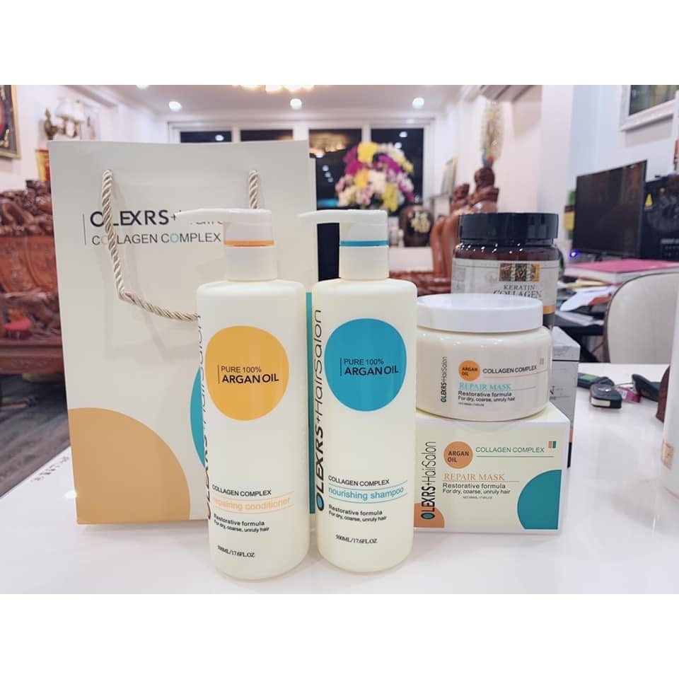 Cặp Dầu Gội Xả Olexrs Argan Oil Collagen Hair Salon 500ML chính hãng phục hồi Tóc Khô Hư Tổn giảm gẫy rụng
