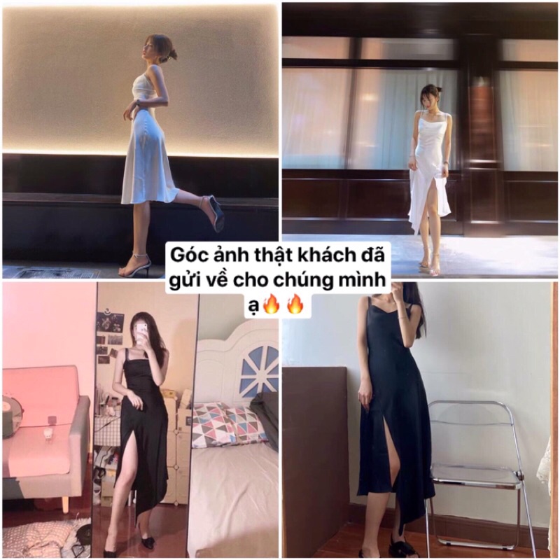 (SẴN+ẢNH THẬT+VIDEO) Đầm Hai Dây Lụa Nữ Dáng Dài Hai Màu Đen Trắng Thiết Kế Cổ Trễ Xẻ Tà Lệch Vạt Gợi Cảm FISHY | BigBuy360 - bigbuy360.vn