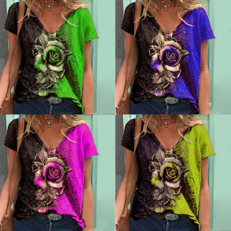 Áo Thun Nữ Cổ Chữ V Dáng Rộng In Họa Tiết Hoa Hồng Phong Cách Vintage Hợp Thời Trang Hè