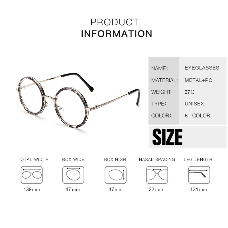 Harry Potter Cổ điển Kính mắt Tròn Khung Retro Ins kim loại Thời trang Nam Nữ Kính Unisex Ống kính có thể thay thế