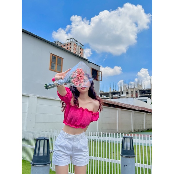 Áo Croptop Trễ Vai Tay Bồng Tiểu Thư Mùa Hè Màu Xanh bơ/Hồng Hot Pink/Đen - Minipie