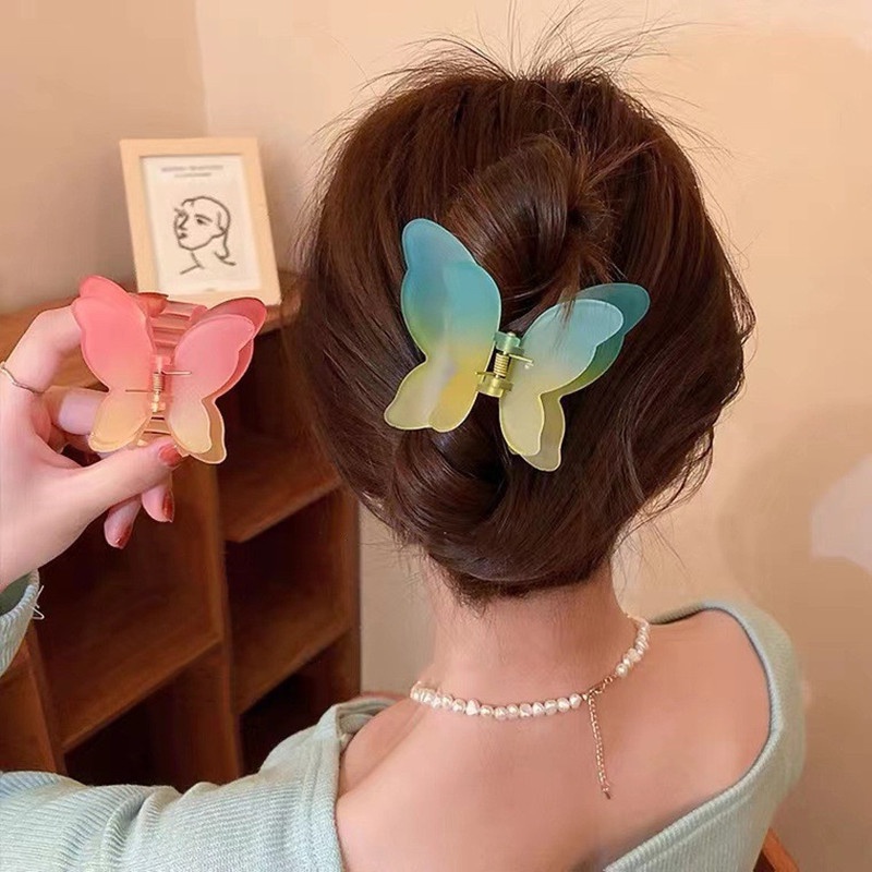 Sen Department Kẹp Tóc Bướm Bằng Acrylic Màu Gradient Ngọt Ngào Cỡ Lớn Hai Lớp Cho Người Lười