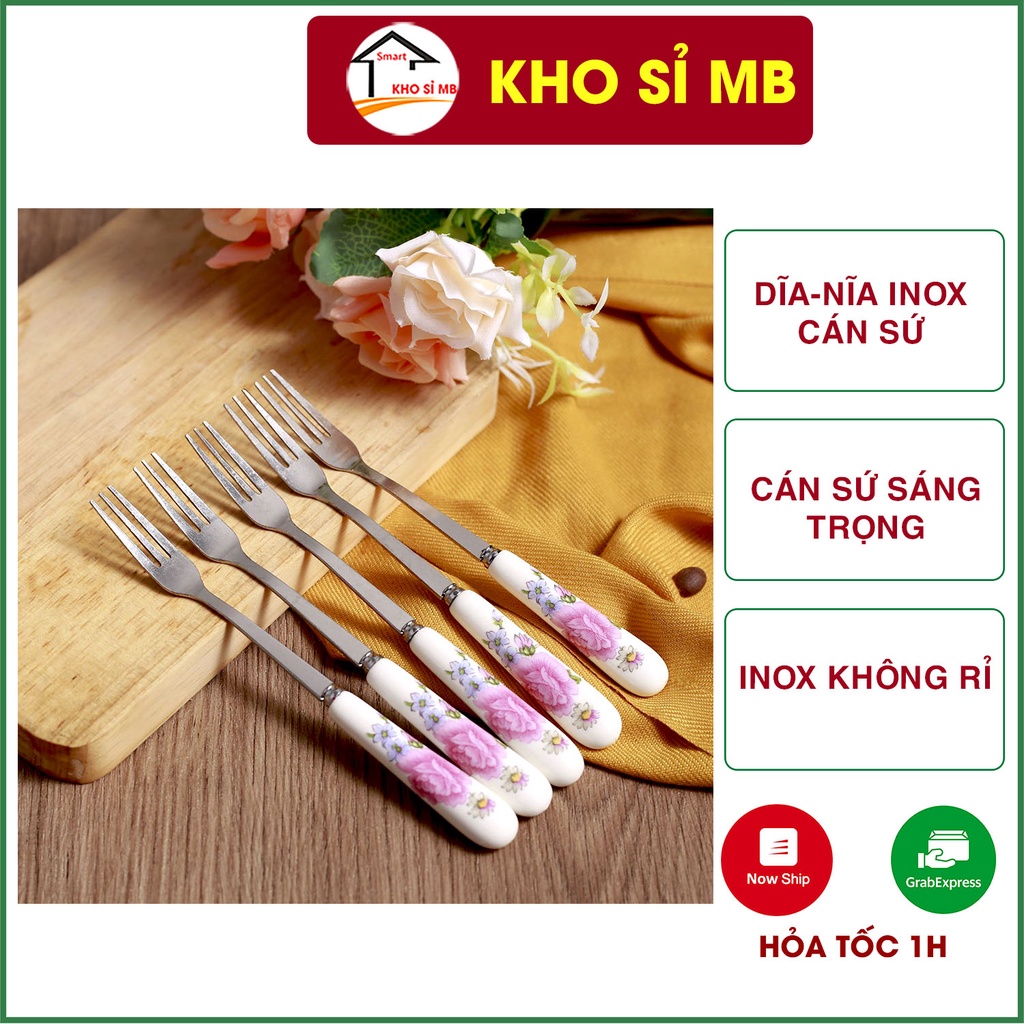 Dĩa inox cán sứ ăn hoa quả, nĩa inox cán sứ ăn trái cây hàng đẹp - kho sỉ mb