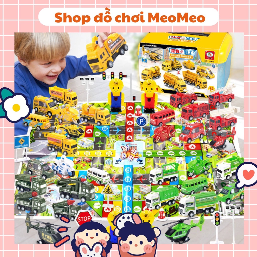 Bộ ô tô đồ chơi mô hình xe tải cần cẩu kèm bản đồ - hộp quà tặng cho bé trai, đồ chơi nhựa an toàn
