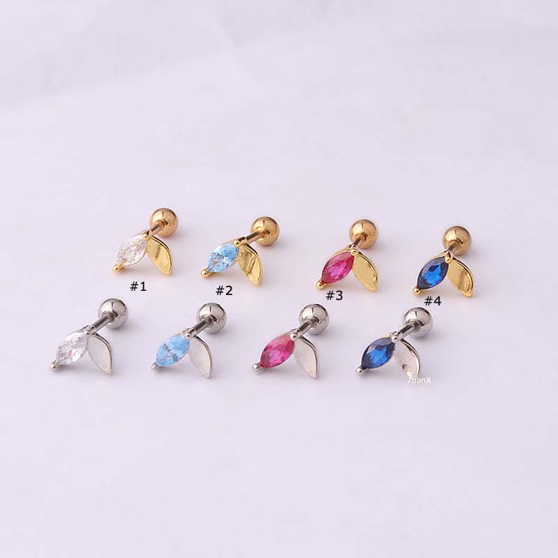 1 Khuyên Tai Hình Lá Xoắn Ốc 16G Bằng Thép Không Gỉ Đính Đá Zircon