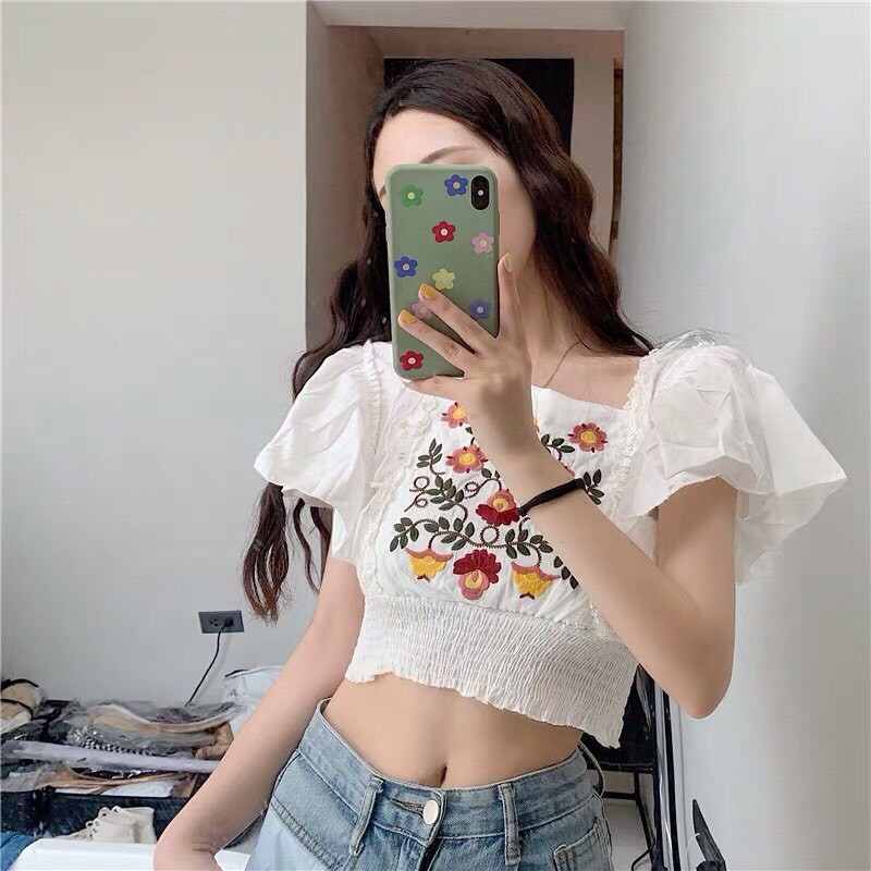 Áo Voan Kiểu Form Croptop Phối Tay Cánh Tiên Kèm In Hình Hoa Văn Thổ Cẩm Độc Đáo TTS0682