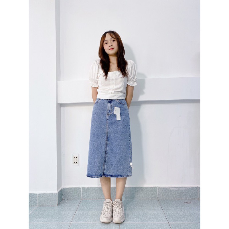 Chân váy jean dài lưng cao dáng A xẻ tà phong cách Hàn Quốc có bigsize