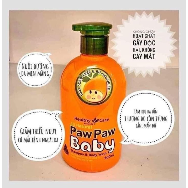 Sữa Tắm Gội Trẻ Em Dành cho da nhạy cảm Healthy Care Paw Paw Baby Shampoo &amp; Body Wash 500ml