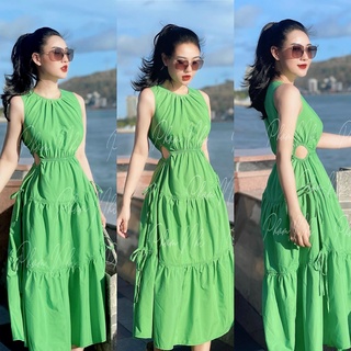 Đầm maxi đi biển du lịch dáng xoè cao cấp,Đầm tiểu thư nhúng khoét eo dáng xoè