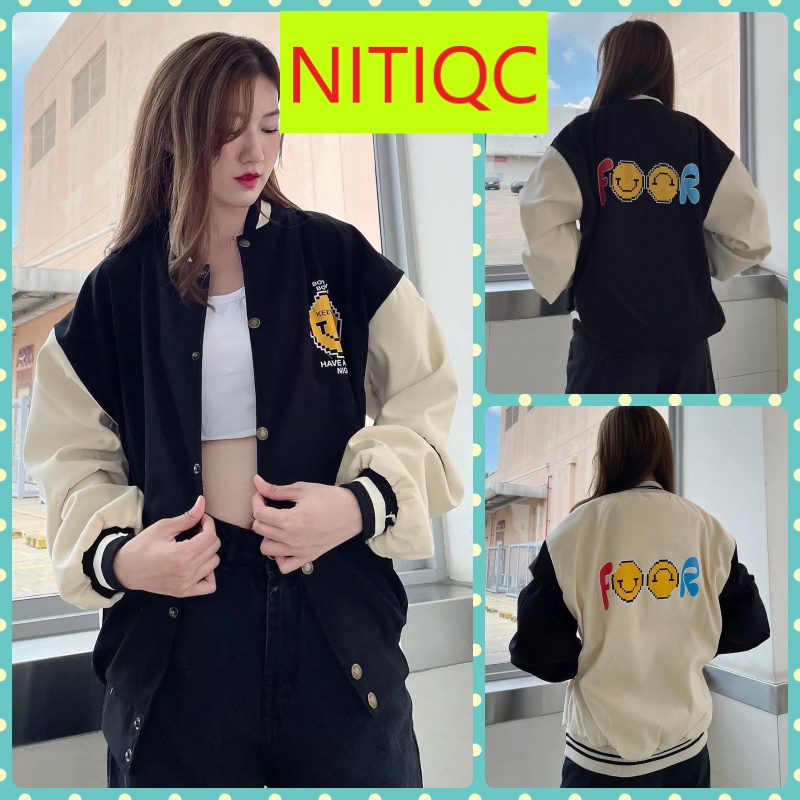ÁO KHOÁC NỈ NỮ KIỂU BOMBER NÚT BẤM IN CHỮ FLOOR MÀU ĐEN BÒ XANH VÀNG KEM SIÊU ẤM ÁP CAO CẤP NITIQC