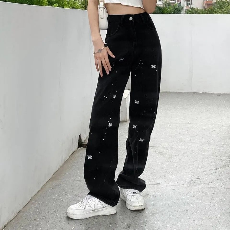 Korean Fashion Butterfly Embroidery High Waist Jeans