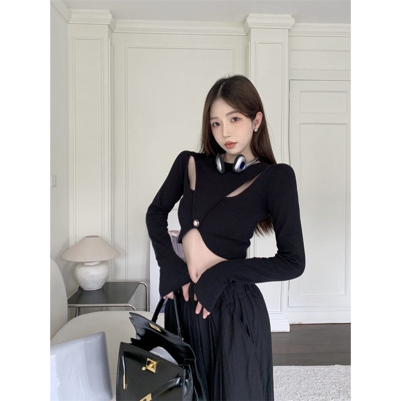 Áo Sweater Dệt Kim Tay Dài Dáng Ôm 2 Màu Lựa Chọn