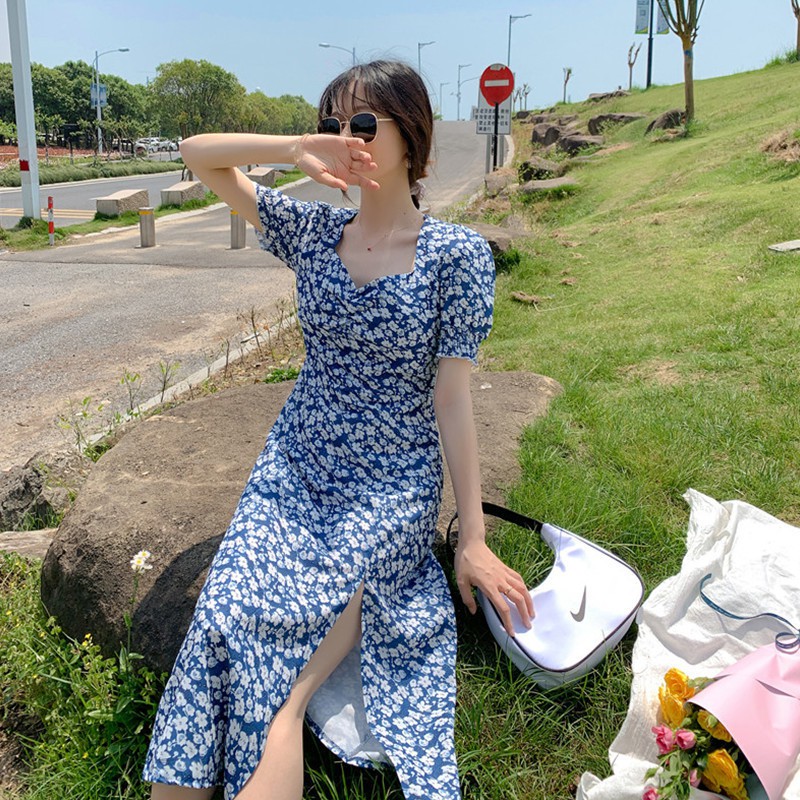 Váy dáng dài xẻ tà tay phồng sang chảnh - Thanh lí 1