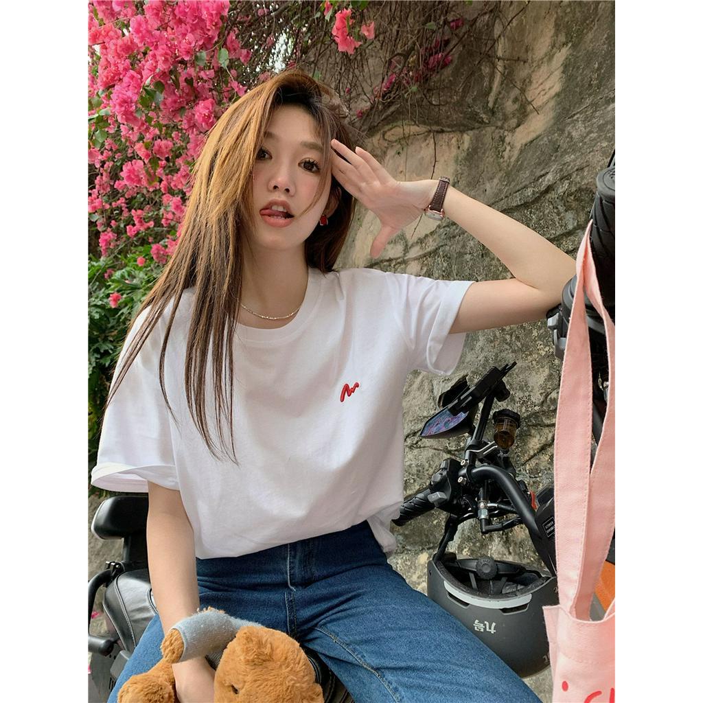 Áo Thun Cotton Trơn Ngắn Tay Dáng Rộng Thêu Họa Tiết Đơn Giản 62793