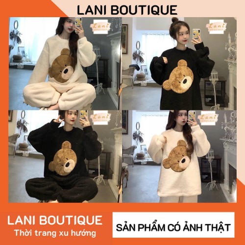 Bộ Đồ Ngủ Nữ Lông Thêu Hình Mặt Gấu Dài Tay Có 2 Màu Đen Trắng Mã 610 - Lani Boutique