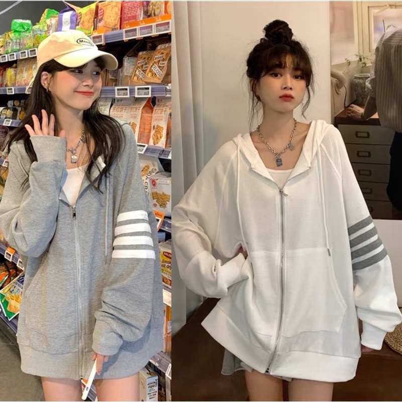 Áo Khoác Cardigan Hoodie Khoá Kéo Mũ Xám Đen Sọc Ngang