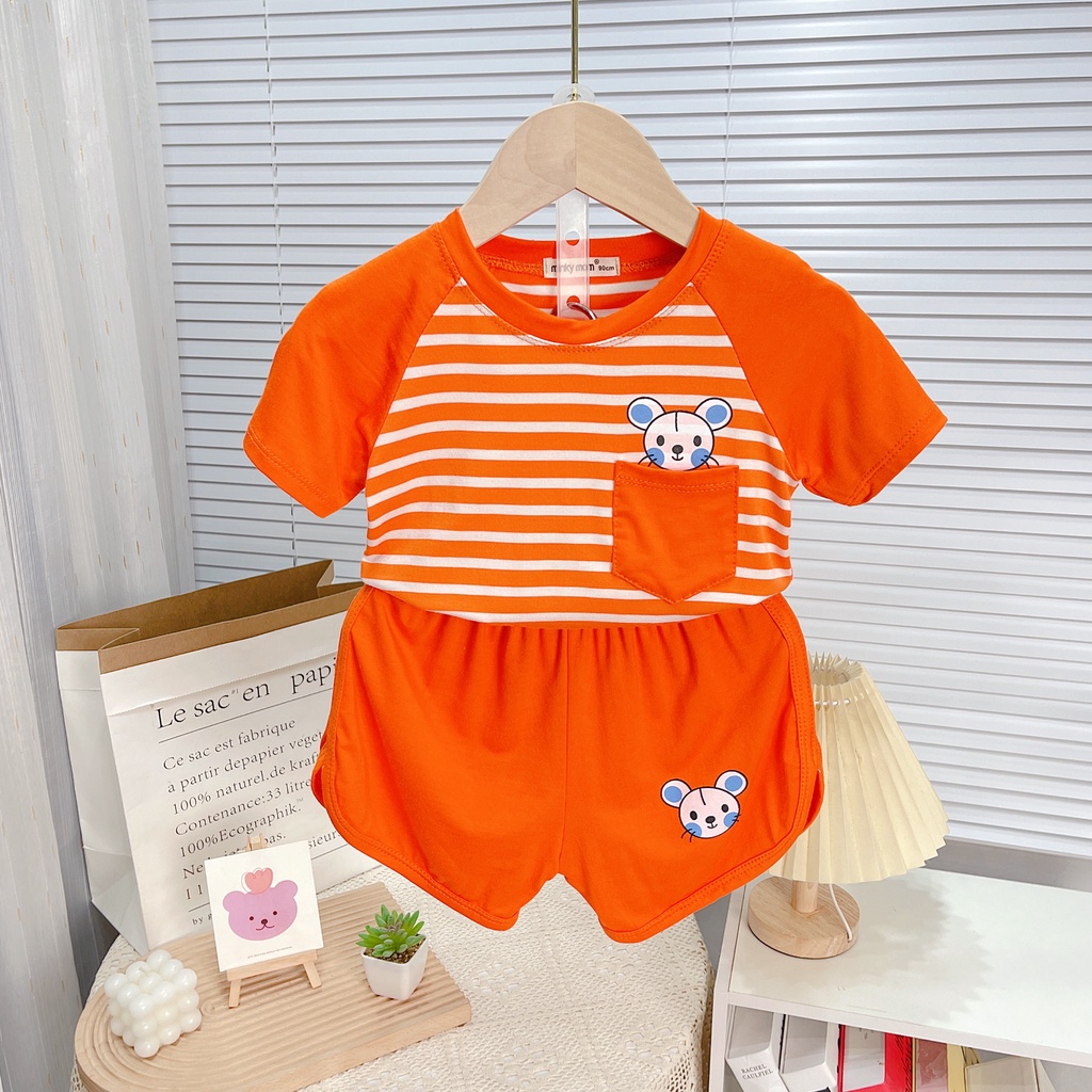 Bộ cộc tay cho bé trai bé gái, Bộ cộc tay Minky mom chính hãng thun lạnh vải sọc dệt có túi cho bé từ 7-28kg