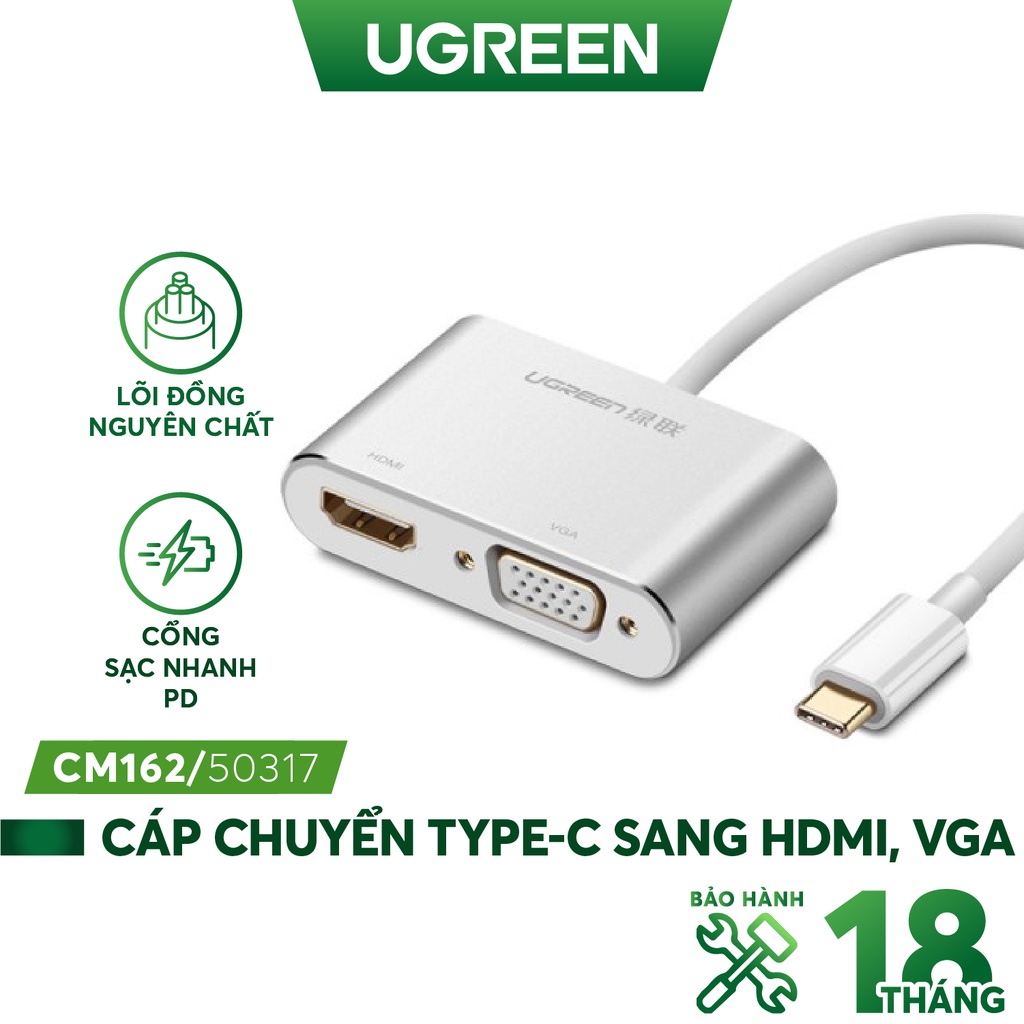 Bộ chuyển đổi USB type C sang HDMI + VGA vỏ nhôm dài 10cm UGREEN CM162 - Hàng phân phối chính thức