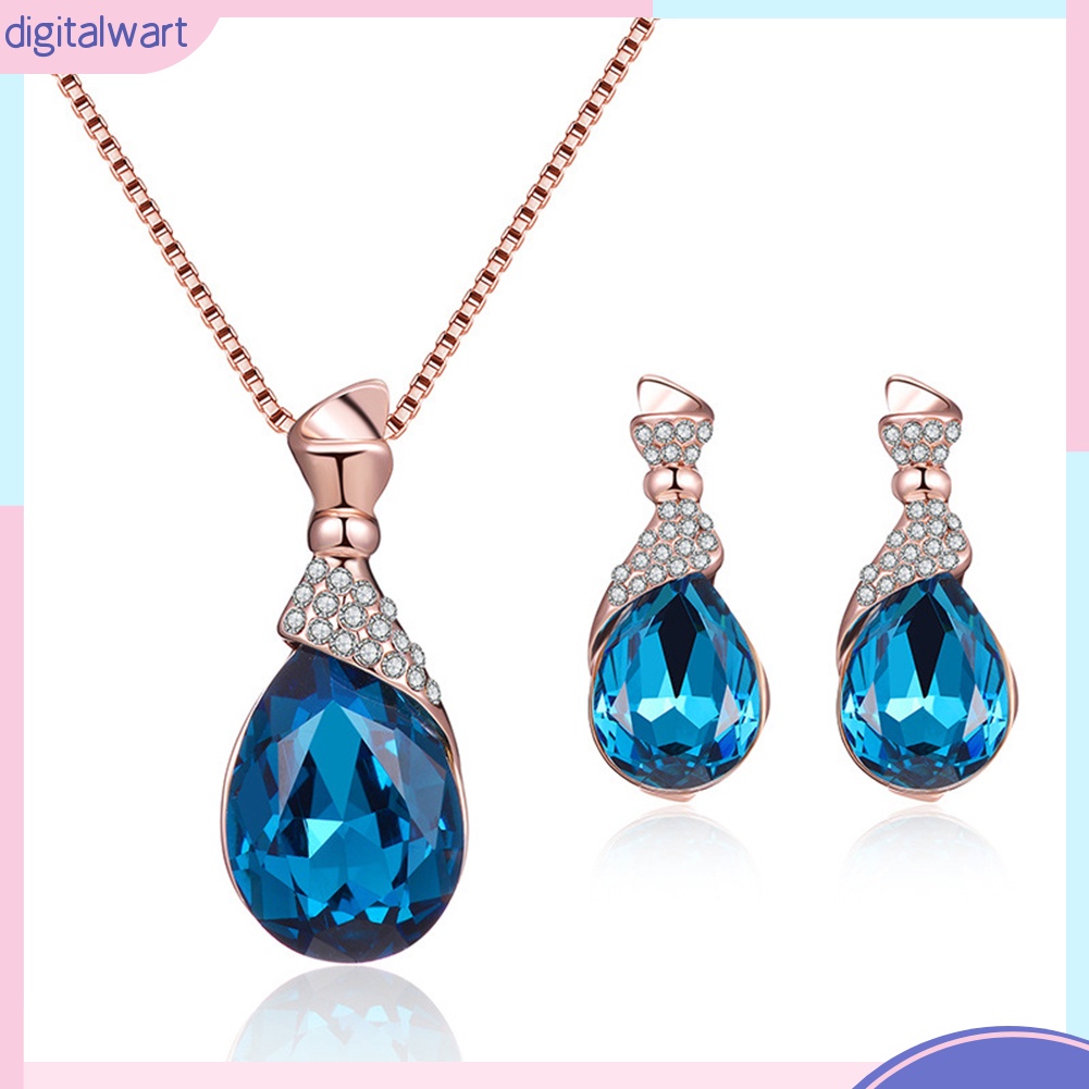 Bộ Vòng cổ + Bông Tai Đính Đá Hình Giọt Nước Cho Nữ