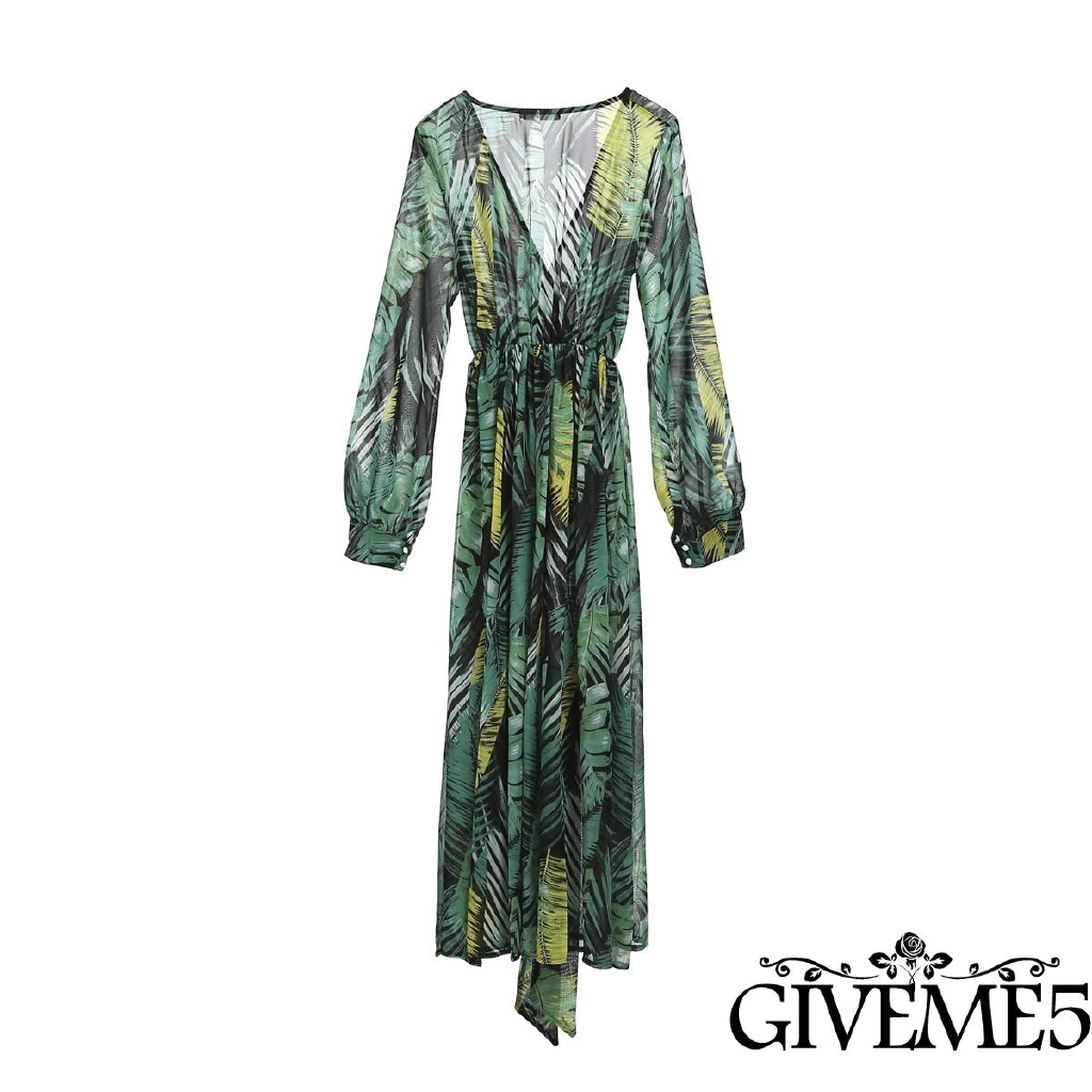 Đầm dáng rộng tay dài cổ chữ V in hoa thời trang dành cho nữ