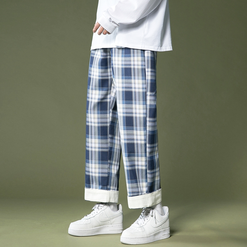 Men's Wide-legged Plaid Pants Korean Style Straight Baggy Pants for Men Loose Casual Fashion Trousers Unisex