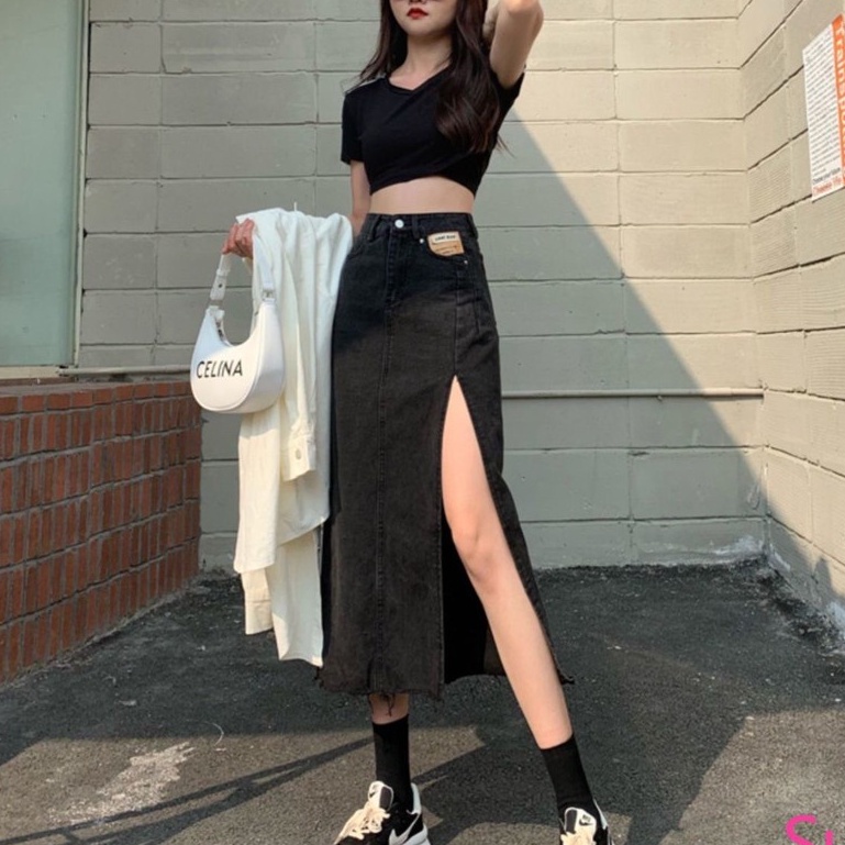 Chân Váy Denim Lưng Cao Xẻ Tà Quyến Rũ Cho Nữ | BigBuy360 - bigbuy360.vn