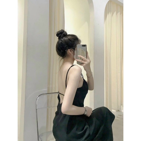 ĐẦM HỞ LƯNG MAXI ĐEN ĐAN LƯNG XẺ TÀ CÓ ĐỆM NGỰC