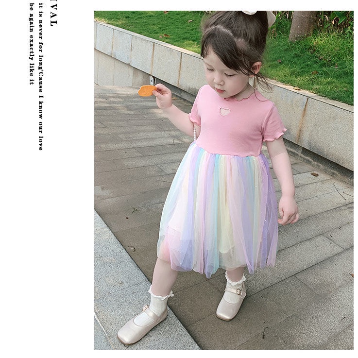 Đầm công chúa vải gạc mỏng màu cầu vồng phong cách phương Tây thời trang mùa hè dành cho bé gái