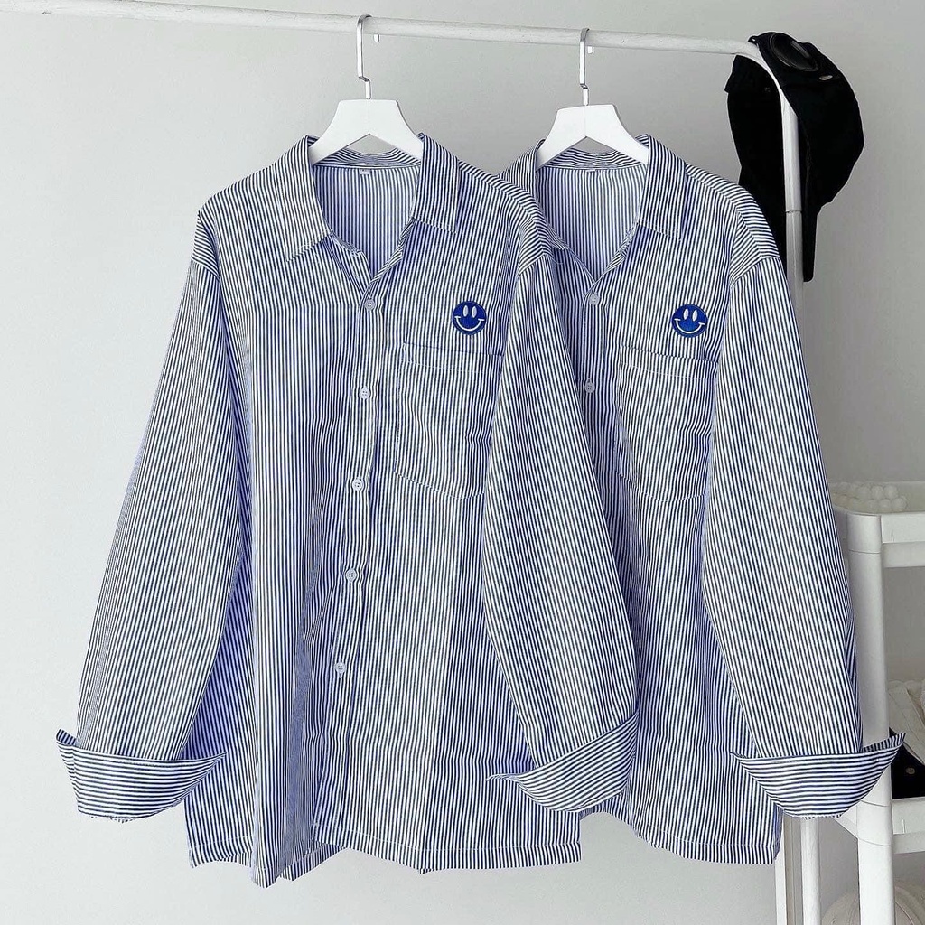 Áo sơmi trơnsọc xanh có mặt cười BASIC  Nam nữ unisex/ Jaystoree 2