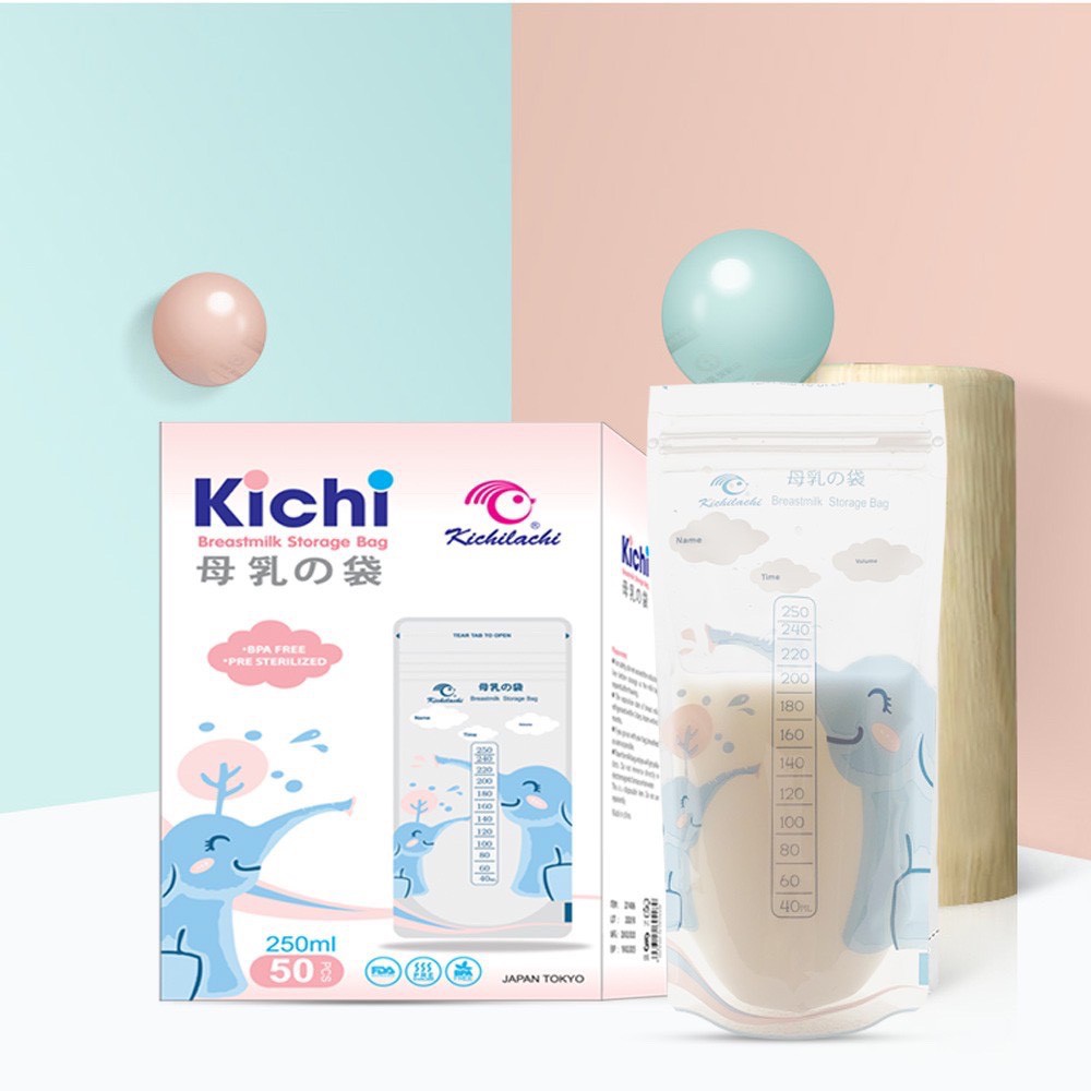 Hộp 50 chiếc Túi trữ sữa Kichilachi 250ml (in hình voi) - Tặng bút ghi chú không phai