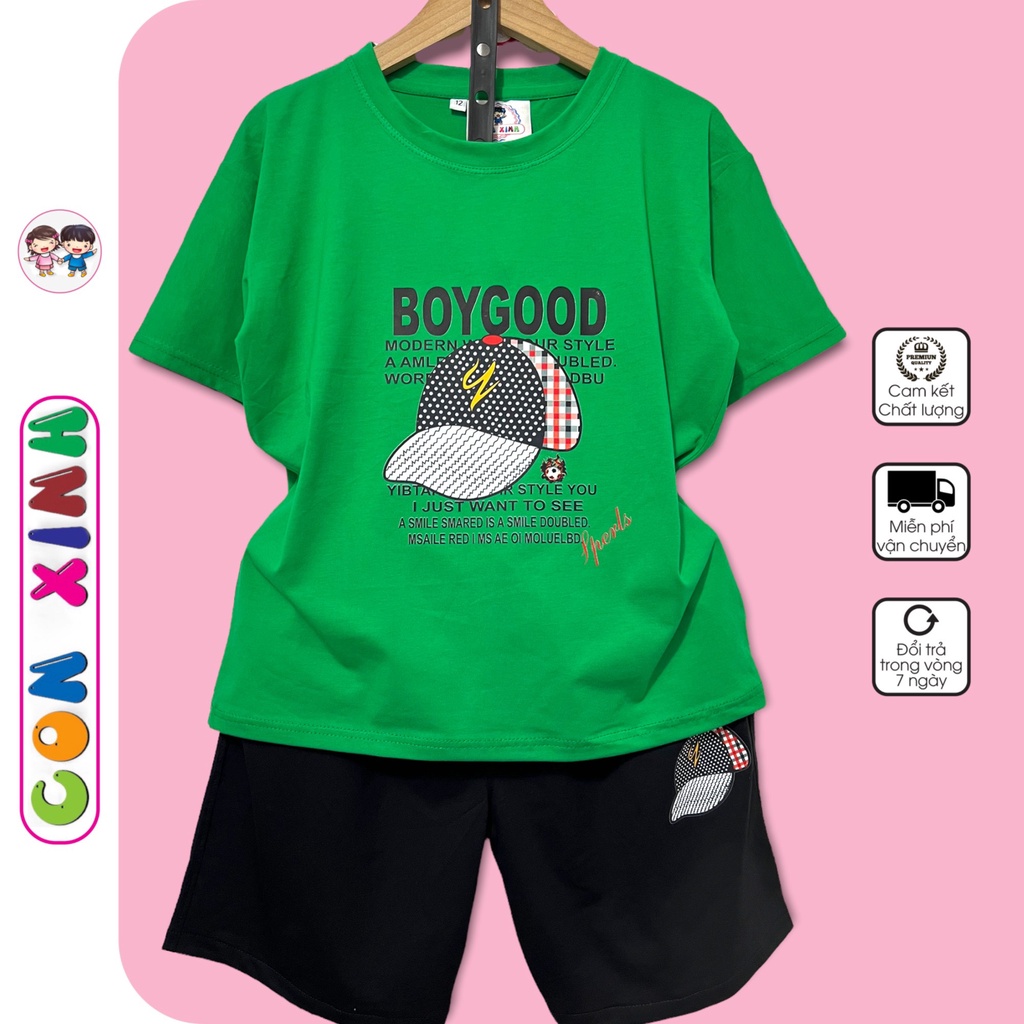 Bộ đồ bé trai Con Xinh cotton hình in chiếc mũ GOODBOY,thời trang dành cho bé từ 4 đến 10 tuổi