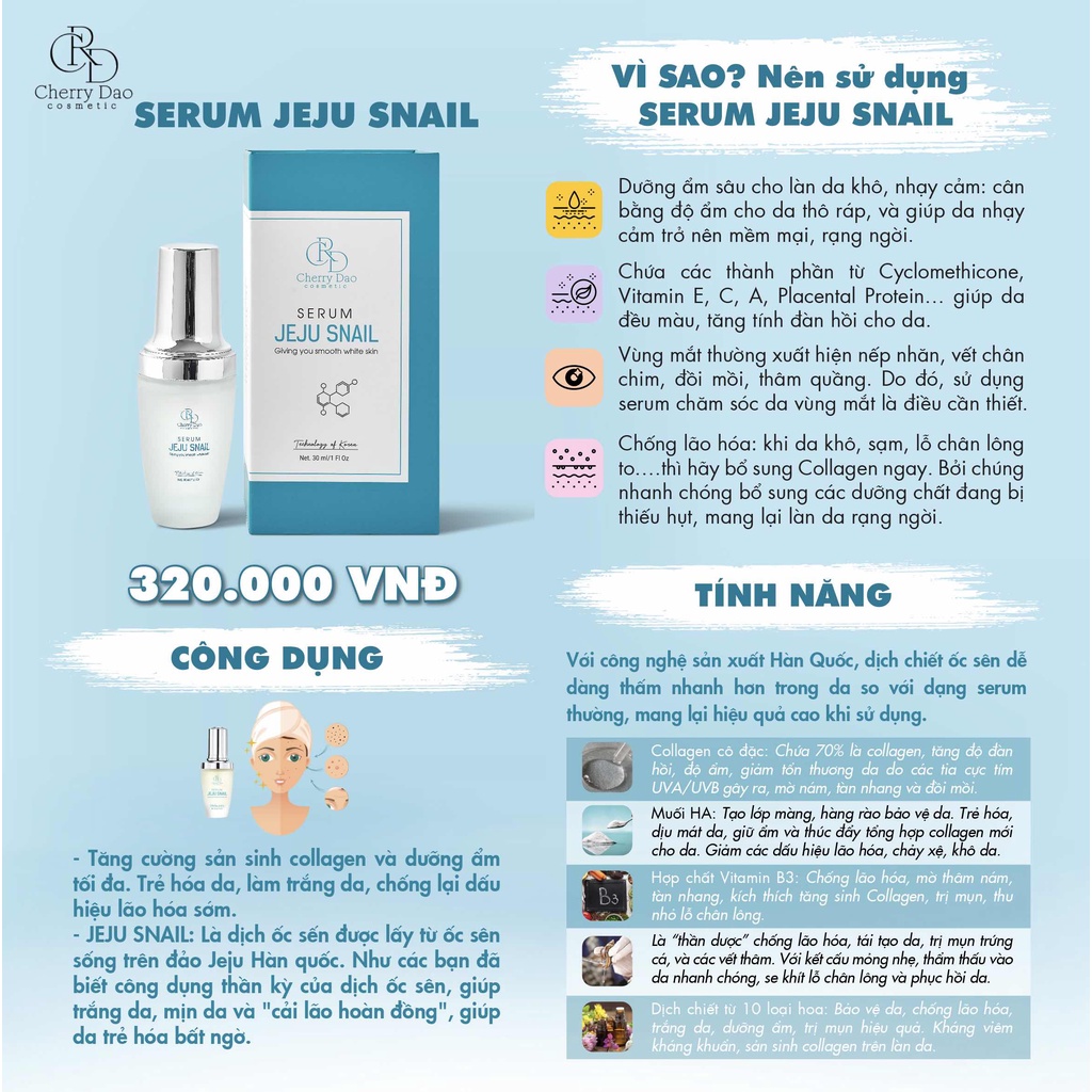 Serum vitamin dưỡng trắng da mặt - se khít lỗ chân lông - chống lão hoá Jeju Snail CRD