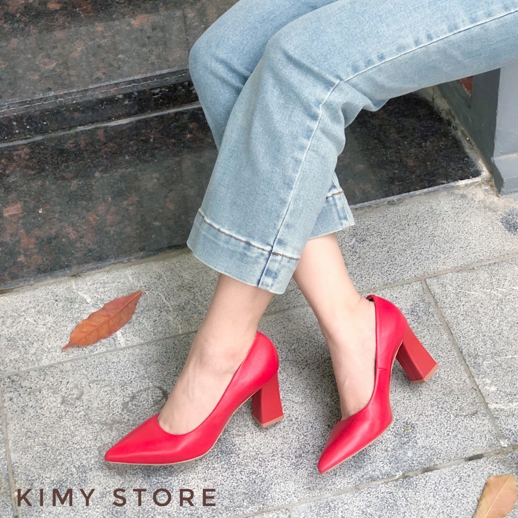 Giày cao gót công sở nữ VNXK da bò, gót trụ loe kiểu lạ 7cm-Dáng basic mũi nhọn