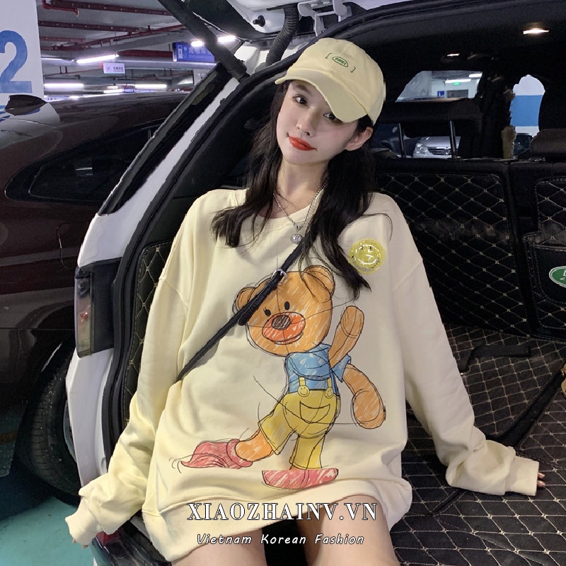 Xiaozhainv Áo nỉ tay dài dáng rộng in hình gấu phong cách Hàn Quốc thời trang xinh xắn cho nữ | BigBuy360 - bigbuy360.vn