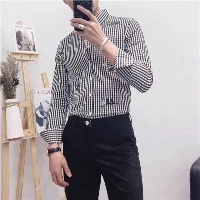 HOT 😭XẢ Áo sơ mi kẻ nhỏ dài tay thêu sticker , vải cotton nhẹ mát , dáng body , sơ mi công sở nam n4mstore . : ,